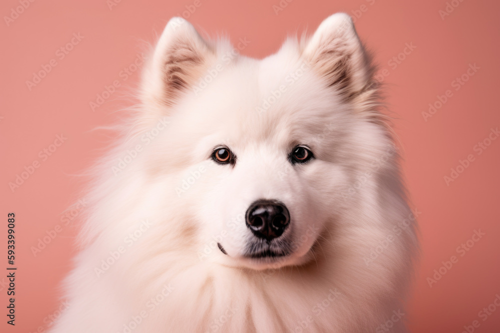 Happy Snowy Friend. Intelligent and adorable Samoyed dog with smiling face on pastel pink background. Copy space. Domestic animal concept AI Generative Happy Snowy Friend. Intelligent and adorable Samoyed dog with smiling face on pastel pink background. Copy space. Domestic animal concept AI Generative