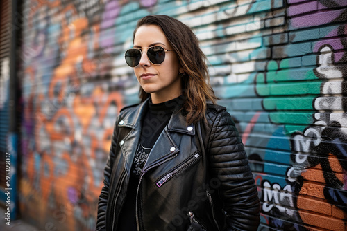 Portrait of a stylish social media manager with a cool and confident vibe, wearing a leather jacket and sunglasses while posing against a graffiti wall, generative ai photo