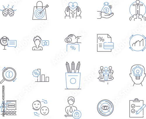 Assessment management outline icons collection. Assessment, Management, Evaluating, Rating, Testing, Measuring, Quantifying vector and illustration concept set. Scoring, Surveying, Analyzing linear