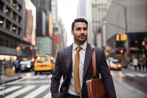 Portrait of a successful and confident career counselor with a briefcase, walking down a busy city street with skyscrapers in the background, generative ai © aicandy