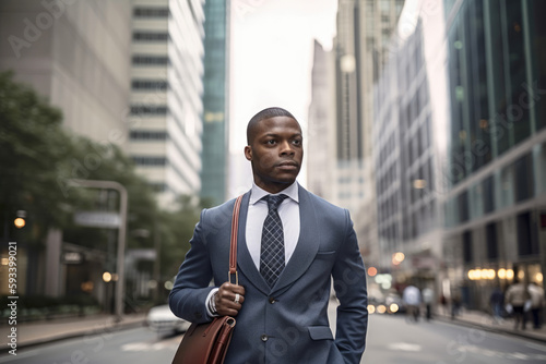 Portrait of a successful and confident career counselor with a briefcase, walking down a busy city street with skyscrapers in the background, generative ai