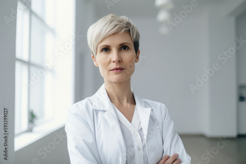 Portrait of a Successful and Confident Woman Physician with Short Hair and a White Lab Coat Standing in a Bright Room  generative ai