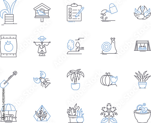 Farming factory outline icons collection. Farming, Factory, Agriculture, Crop, Cultivation, Grower, Harvester vector and illustration concept set. Tractor, Sowing, Plowing linear signs