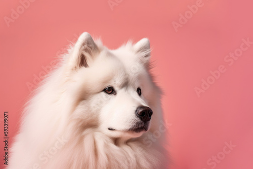 Happy Snowy Friend. Intelligent and adorable Samoyed dog with smiling face on pastel pink background. Copy space. Domestic animal concept AI Generative © Mr. Bolota
