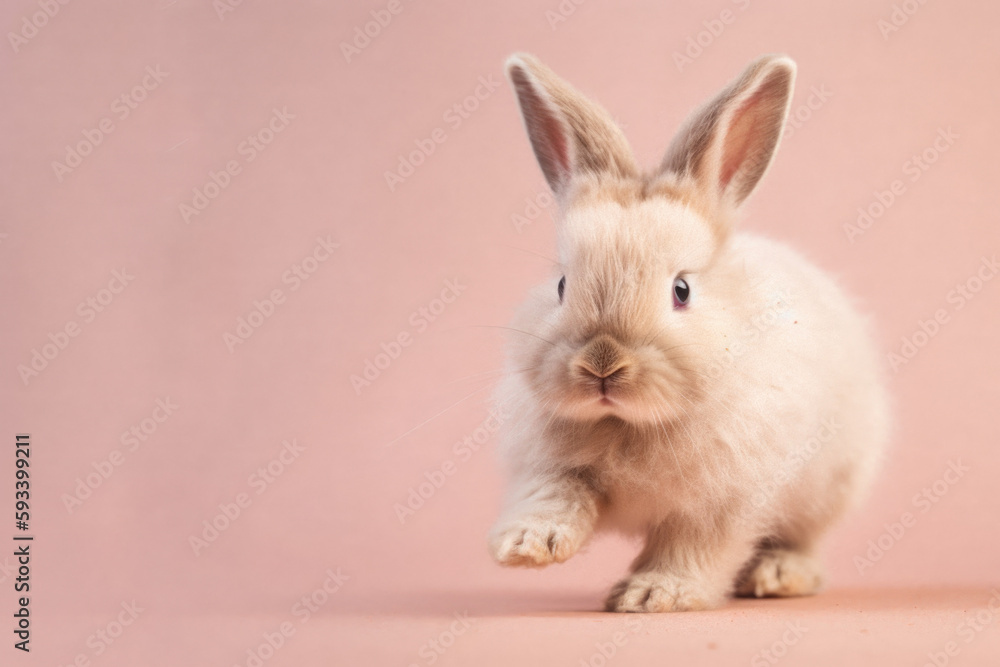 Cute Bunny Hopping with Joy. Fluffy rabbit isolated on pastel background. Copy space, Animal concept AI Generative Cute Bunny Hopping with Joy. Fluffy rabbit isolated on pastel background. Copy space, Animal concept AI Generative