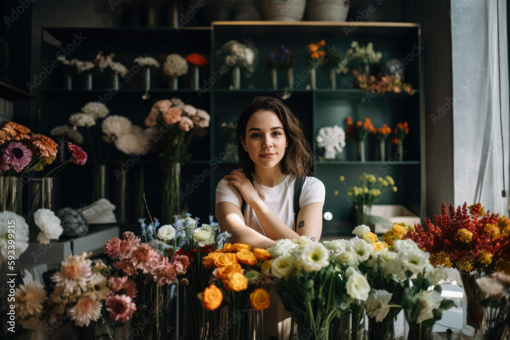 Portrait of an elegant florist standing behind a counter filled with various colorful flowers and plants in her upscale flower boutique, generative ai