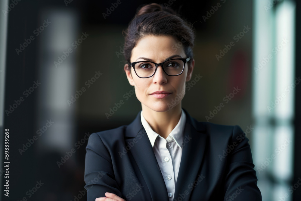 Professional portrait of a successful and confident medical and health services manager in a boardroom setting, wearing a stylish suit and glasses, generative ai Professional portrait of a successful and confident medical and health services manager in a boardroom setting, wearing a stylish suit and glasses, generative ai