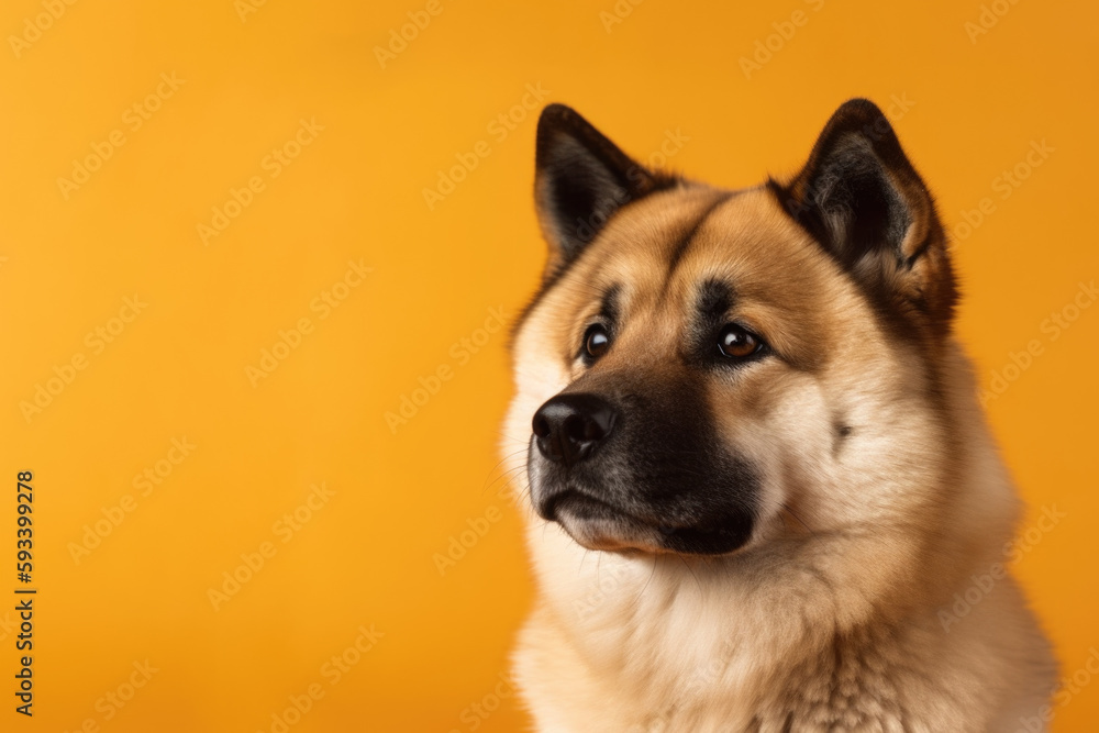 Majestic Japanese Breed. Powerful and fierce Akita dog with thick coat on pastel yellow background. Copy space. Canine concept AI Generative Majestic Japanese Breed. Powerful and fierce Akita dog with thick coat on pastel yellow background. Copy space. Canine concept AI Generative