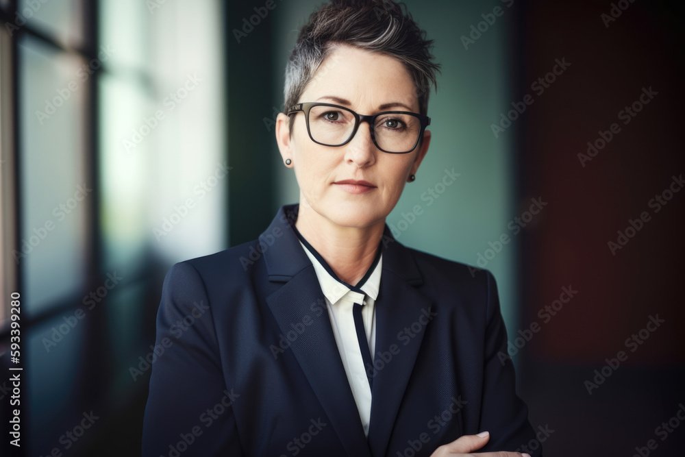Fototapeta premium Professional portrait of a successful and confident medical and health services manager in a boardroom setting, wearing a stylish suit and glasses, generative ai
