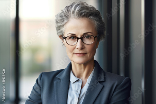Portrait of an experienced and respected actuary, with a calm and collected expression, radiating wisdom and knowledge in her field, dressed in a timeless blazer and pearls, generative ai