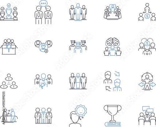 Coworkers outline icons collection. Colleagues, Collaborators, Teammates, Peers, Associates, Workmates, Comrades vector and illustration concept set. Annuitants, Partners, Classmates linear signs