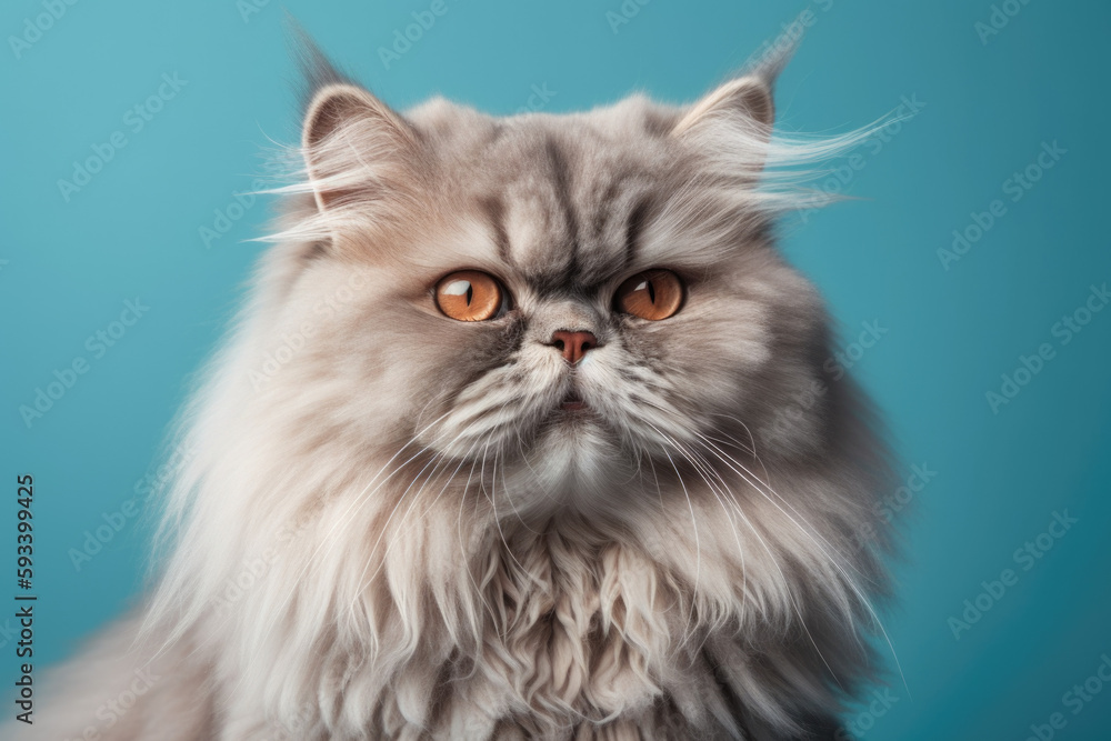 Elegant Feline Beauty. Fluffy Persian Cat with Luxurious Coat Isolated on Pastel Blue Background. Copy space. Domestic Pet Concept AI Generative Elegant Feline Beauty. Fluffy Persian Cat with Luxurious Coat Isolated on Pastel Blue Background. Copy space. Domestic Pet Concept AI Generative