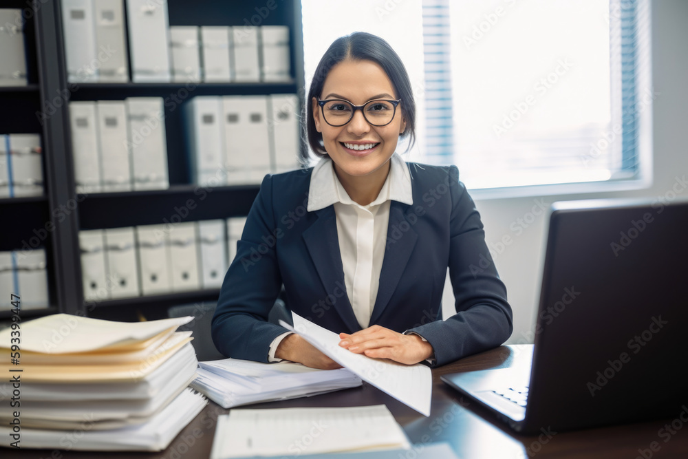 Smiling paralegal sitting at a desk with a laptop and legal documents spread out in front of her, generative ai Smiling paralegal sitting at a desk with a laptop and legal documents spread out in front of her, generative ai