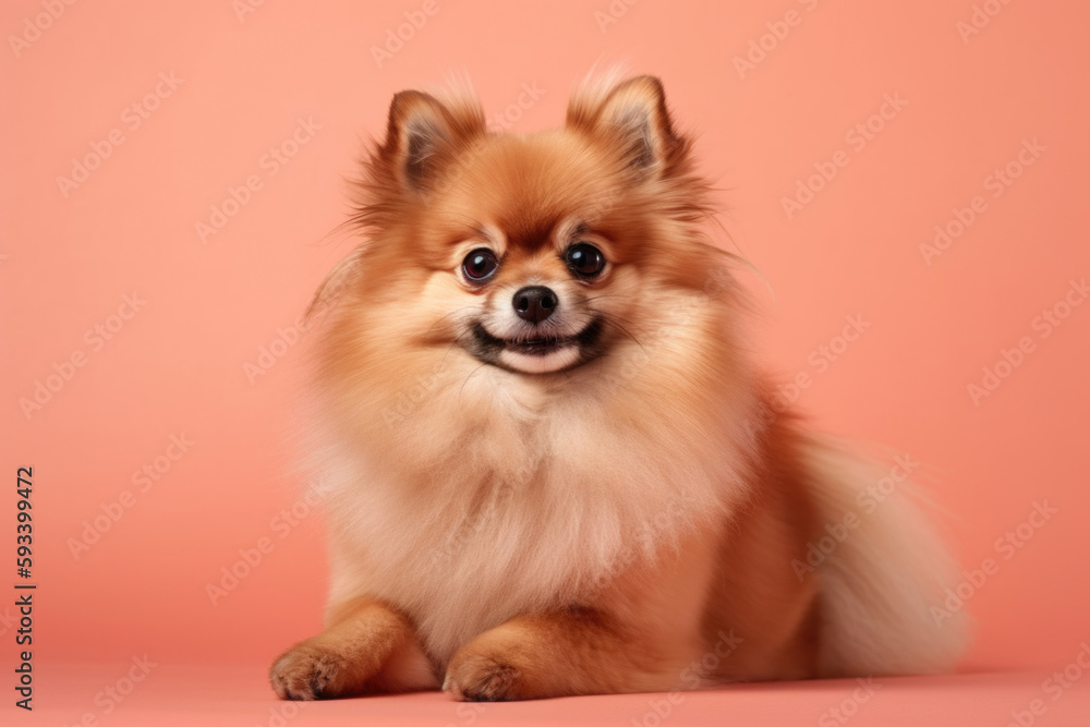 Obraz premium Cute Fluffy Poser. Adorable Pomeranian posing cutely on pastel pink background. Copy space. Pet concept AI Generative