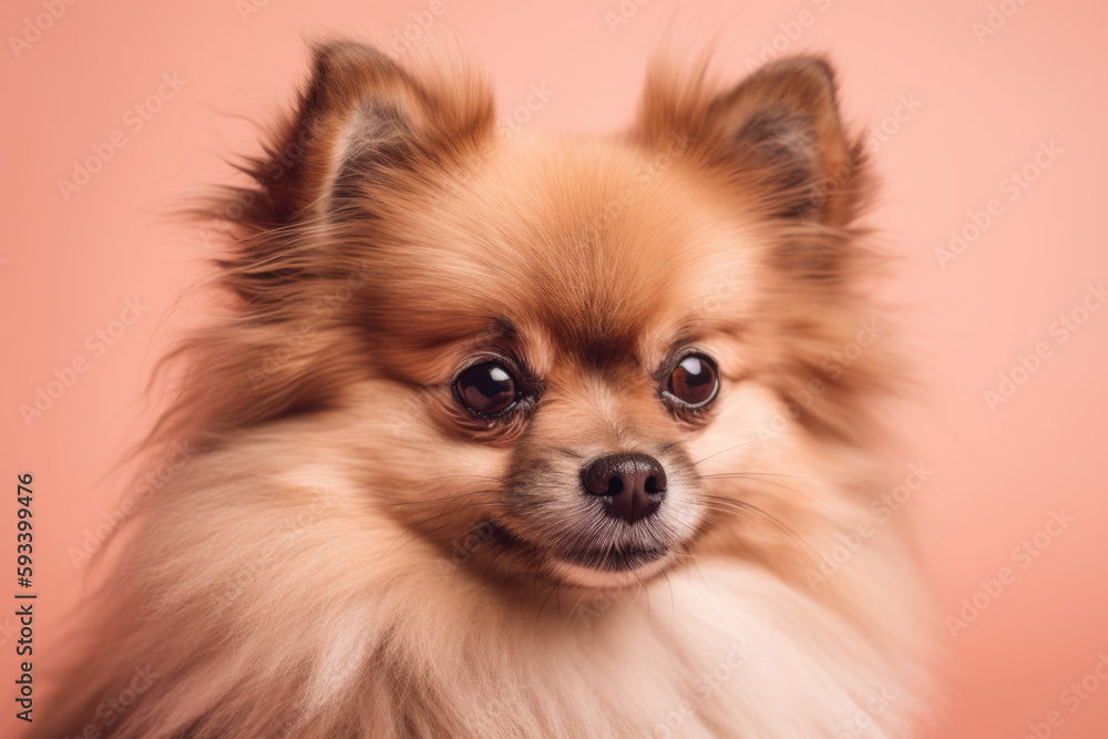 Cute Fluffy Poser. Adorable Pomeranian posing cutely on pastel pink background. Copy space. Pet concept AI Generative