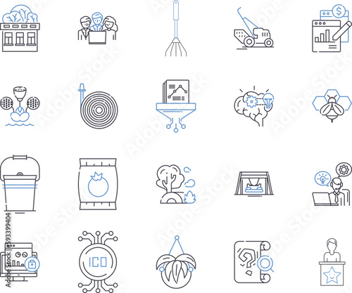 Farming business outline icons collection. Cropping, Sowing, Farming, Cultivating, Reaping, Flourishing, Tilling vector and illustration concept set. Harvesting, Agribusiness, Irrigation linear signs