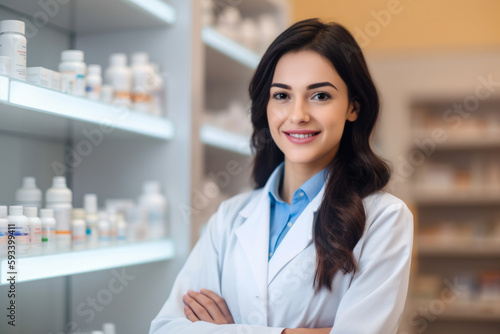 Smart and professional female pharmacist in a lab coat holding a medicine bottle and looking at the camera with a friendly expression, generative ai