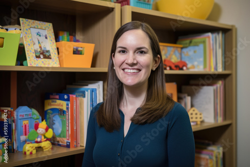 smiling Speech-Language Pathologist in a cozy office with a bookshelf full of colorful books and toys in the background, generative ai