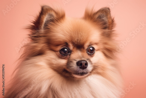 Cute Fluffy Poser. Adorable Pomeranian posing cutely on pastel pink background. Copy space. Pet concept AI Generative © Mr. Bolota