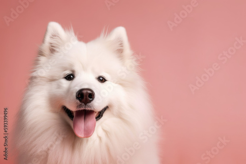 Happy Snowy Friend. Intelligent and adorable Samoyed dog with smiling face on pastel pink background. Copy space. Domestic animal concept AI Generative