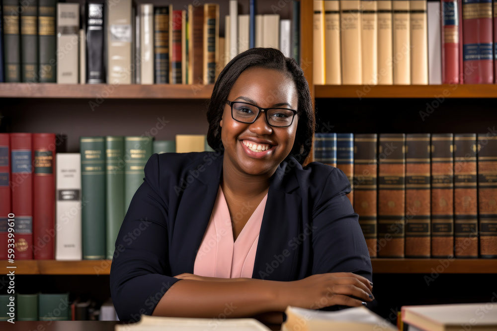 Successful tax preparer with a warm smile, posing in front of a bookshelf filled with accounting and finance books, generative ai Successful tax preparer with a warm smile, posing in front of a bookshelf filled with accounting and finance books, generative ai