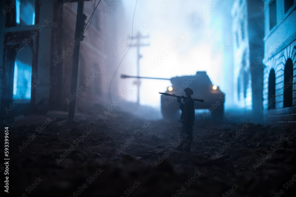 Fototapeta premium Military soldier silhouette with bazooka. War Concept. Military silhouettes fighting scene on war fog sky background, Soldier Silhouette aiming to the target at night. Attack scene