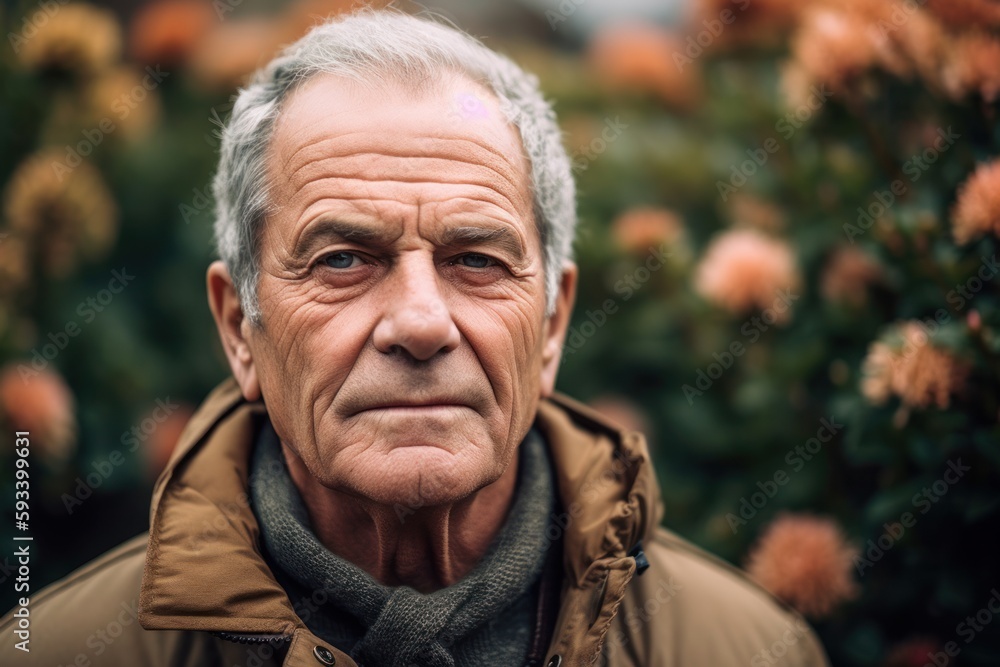 Portrait of an elderly man on a background of autumn flowers. Portrait of an elderly man on a background of autumn flowers.