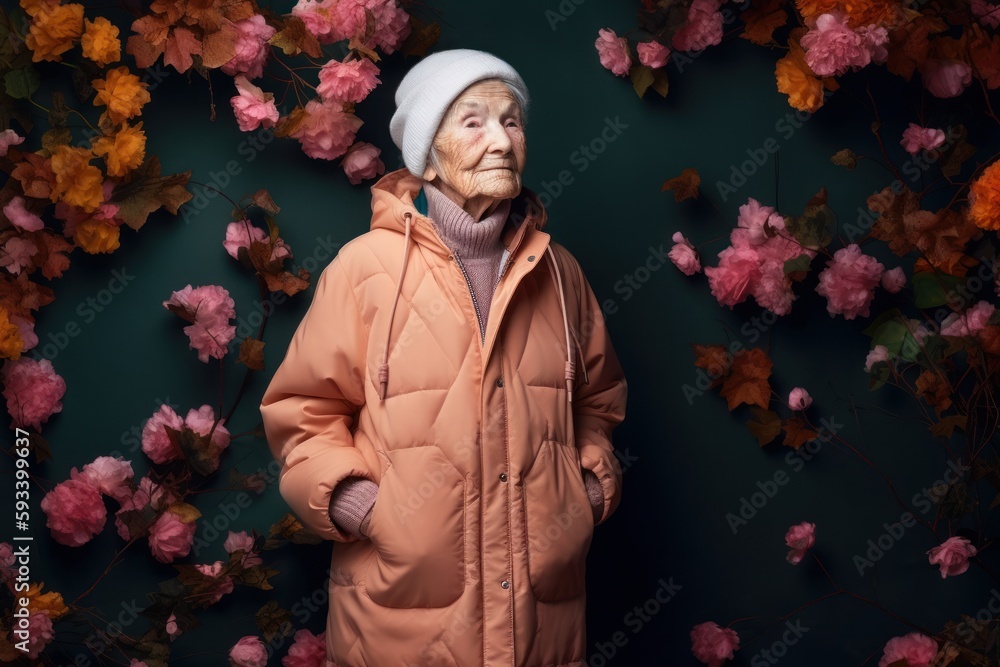 Fototapeta premium Portrait of an elderly woman in a pink jacket and hat.