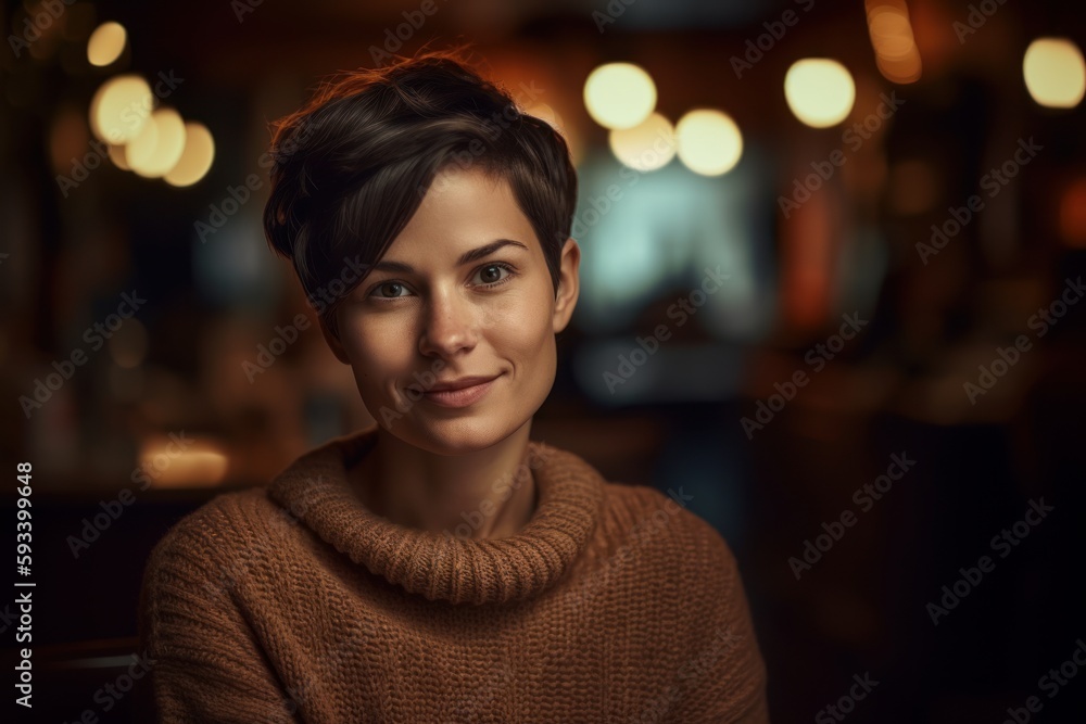 Portrait of a beautiful woman in a cafe on a background of lights Portrait of a beautiful woman in a cafe on a background of lights