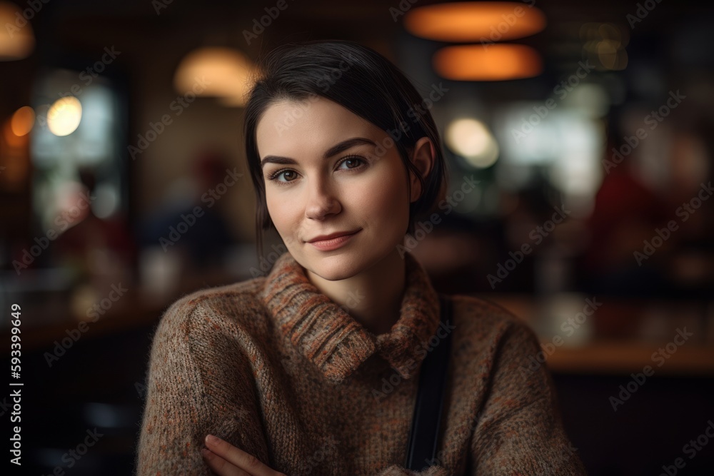 Portrait of a beautiful young brunette woman in a cafe. Portrait of a beautiful young brunette woman in a cafe.
