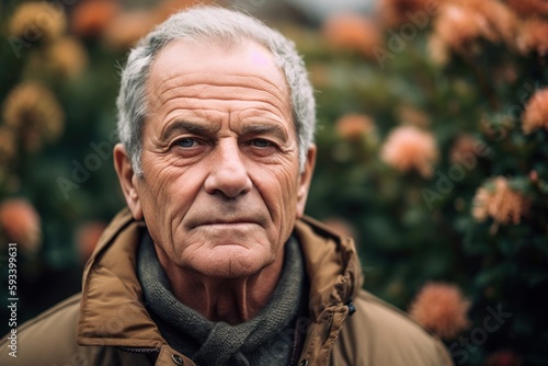 Portrait of an elderly man on a background of autumn flowers.