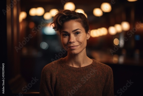 Portrait of a beautiful young woman in a cafe at night.