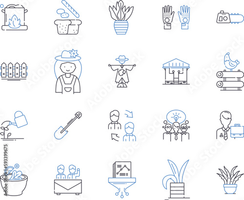 Farming production outline icons collection. Agriculture, Cultivation, Crops, Harvesting, Sowing, Yield, Livestock vector and illustration concept set. Irrigation, Fertilization, Agricultural linear
