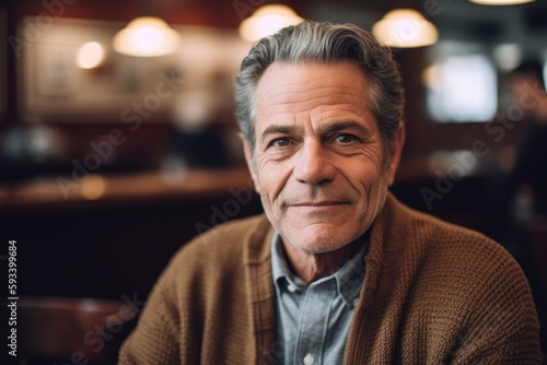 Portrait of senior man with grey hair looking at camera in cafe
