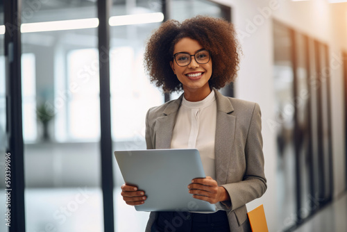 Young and ambitious insurance agent posing with a laptop in her hands and a bright smile, standing in a modern office filled with natural light, generative ai photo