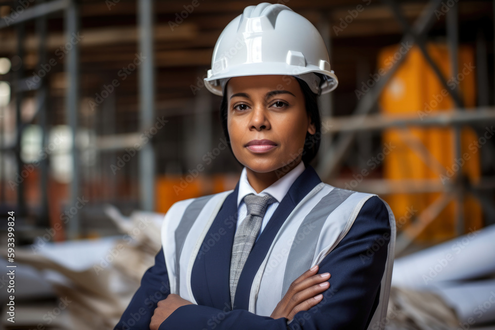 Ambitious project manager with a determined expression, standing in a bustling construction site with hard hats and blueprints in the background, generative ai Ambitious project manager with a determined expression, standing in a bustling construction site with hard hats and blueprints in the background, generative ai