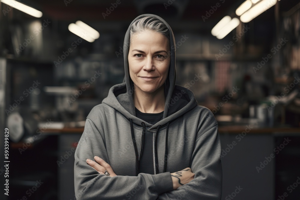 Portrait of a middle-aged woman in a gray hoodie.