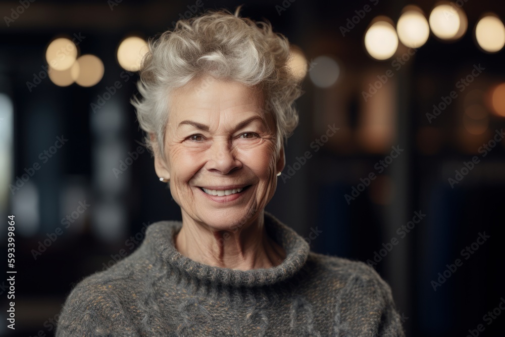 Portrait of smiling senior woman with grey hair looking at camera in cafe Portrait of smiling senior woman with grey hair looking at camera in cafe