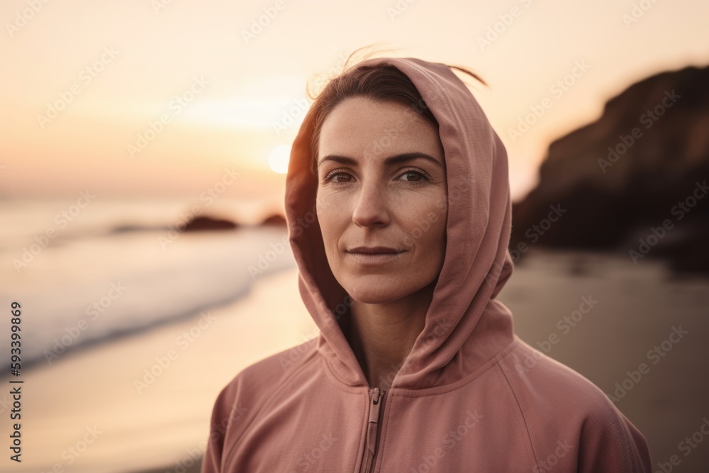 Portrait of a woman in a pink hoodie on the beach at sunset Portrait of a woman in a pink hoodie on the beach at sunset