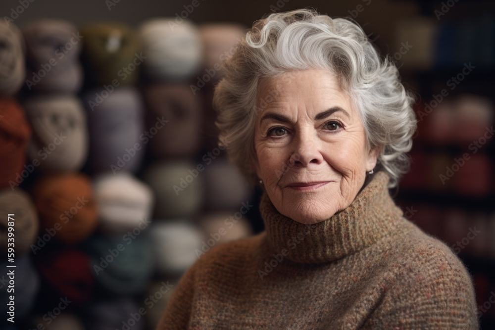 Portrait of senior woman in woolen sweater in the knitting shop Portrait of senior woman in woolen sweater in the knitting shop