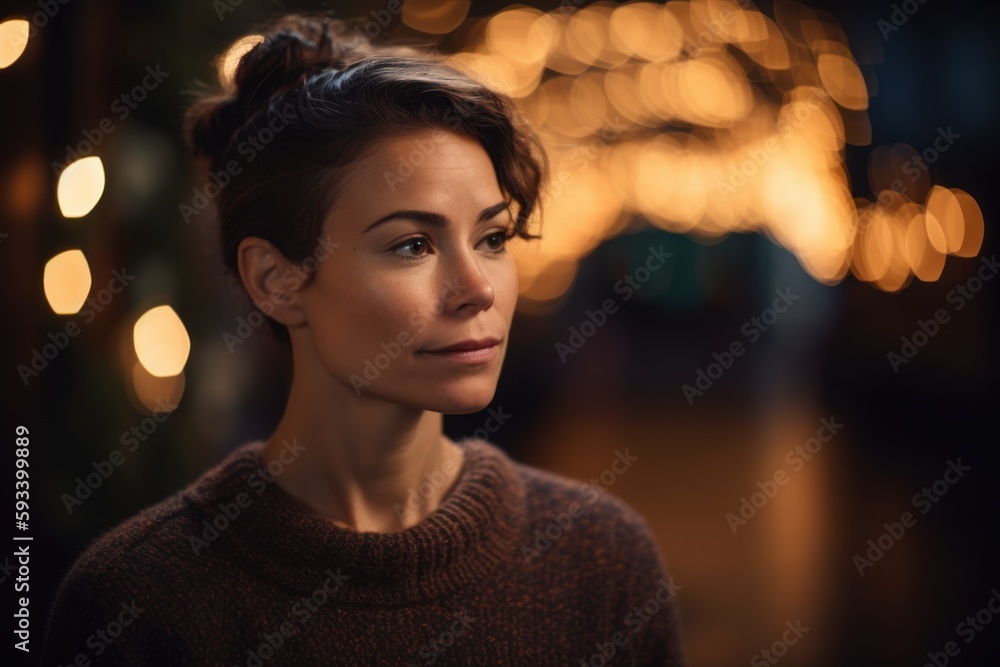 Portrait of beautiful young woman in the evening on the background of Christmas lights
