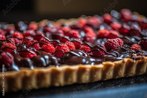 decadent chocolate tart with fresh raspberries and drizzled chocolate sauce. Generative AI photo