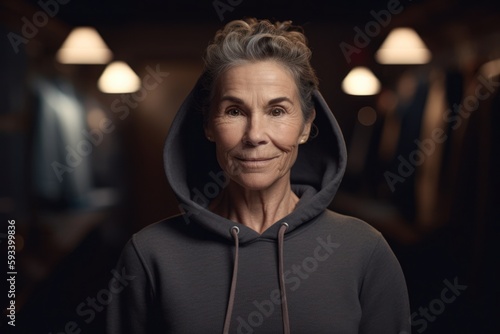 Portrait of a senior woman in a sweatshirt. Looking at camera.