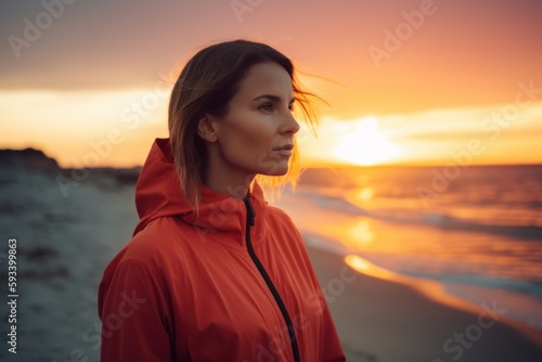Lifestyle portrait photography of a satisfied woman in her 30s wearing a comfortable tracksuit against a beach sunset background. Generative AI