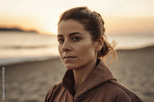 Portrait of a young woman on the beach at sunset. Close-up.