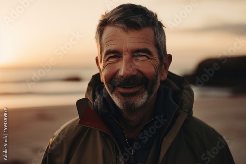 Portrait of a smiling senior man standing at the beach at sunset