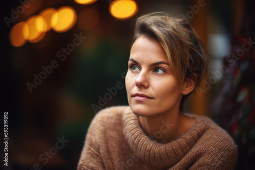 Portrait of a young beautiful girl in a brown sweater in the city © Robert MEYNER