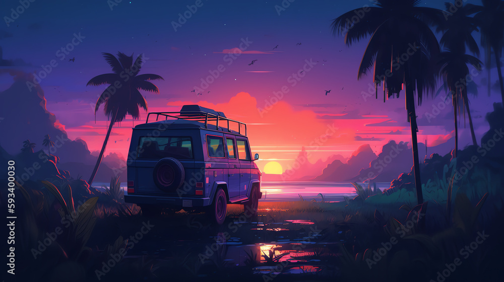 Offroad truck parked by the lake, gazing at the sunset Stock