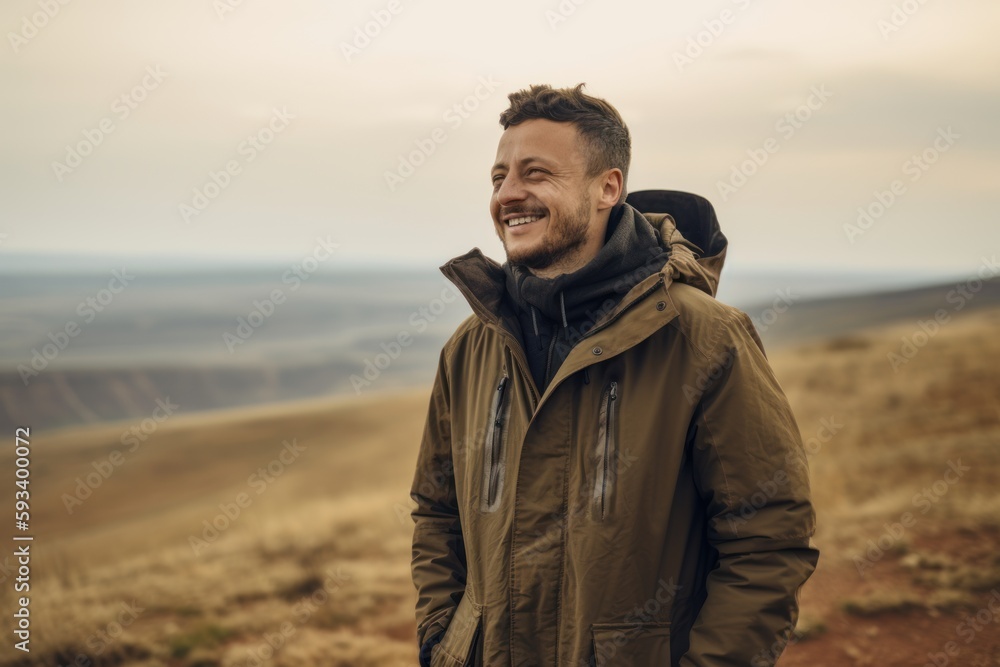 Handsome young man with a beard in a warm jacket is standing in the mountains and smiling Handsome young man with a beard in a warm jacket is standing in the mountains and smiling