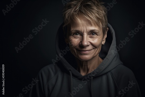 Portrait of a smiling senior woman in hoodie on black background